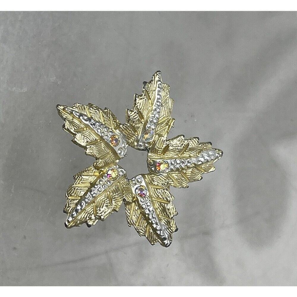 Vintage Brushed Gold 5 Leaf Brooch Rhinestones Aurora Borealis Pin